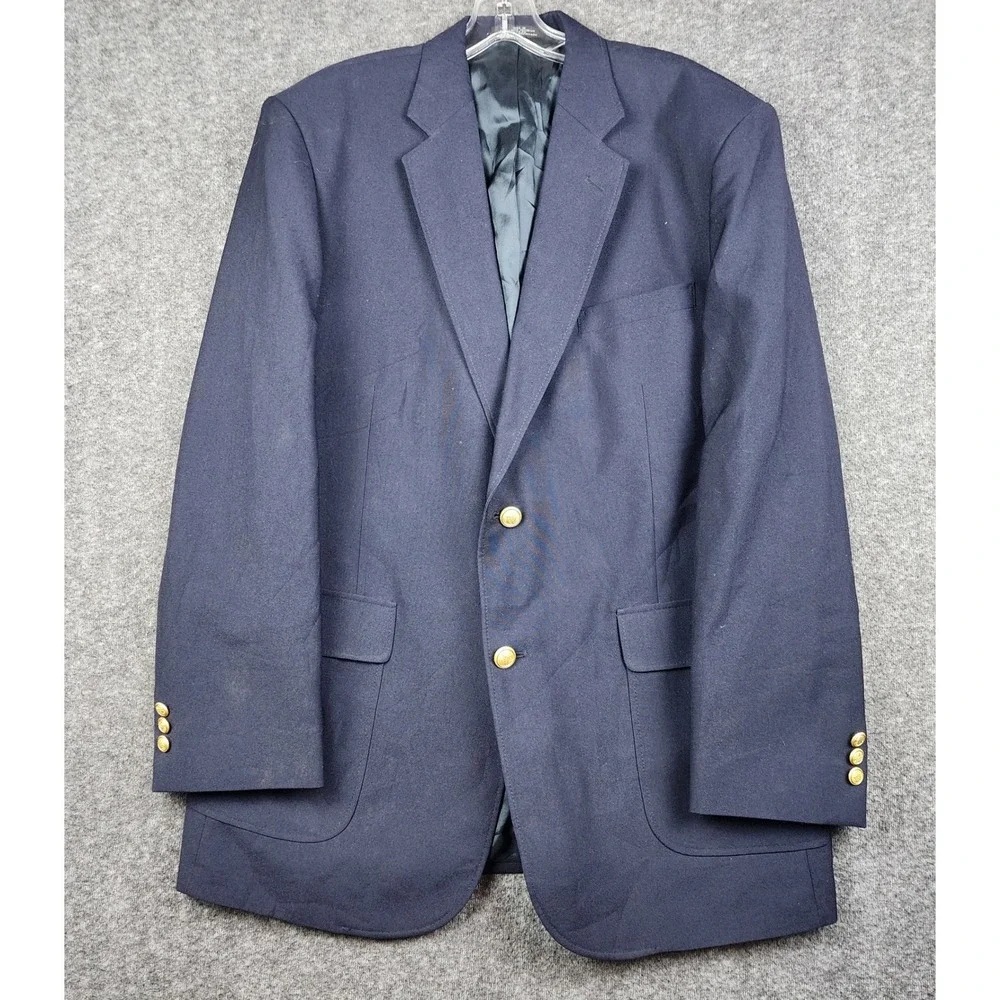 David Taylor Blazer Mens 42L Navy Blue Gold Crest Buttons Two‎ Button Sport Coat